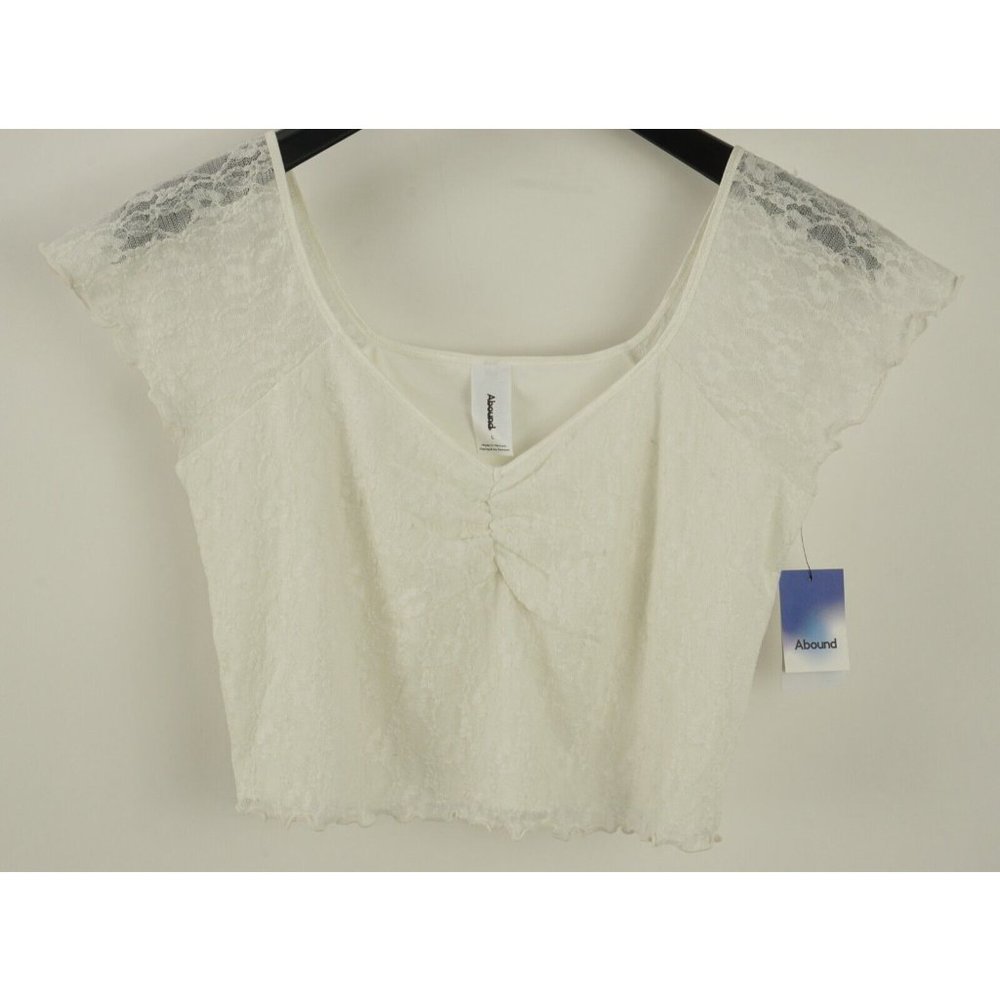 New ABOUND Womens L White Floral Lace Cap Sleeve Ruched Gathered Ruffle Crop Top